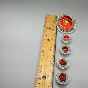 Vintage Red Orange Faux Abalone western button covers Set Silver Tone Formal Men